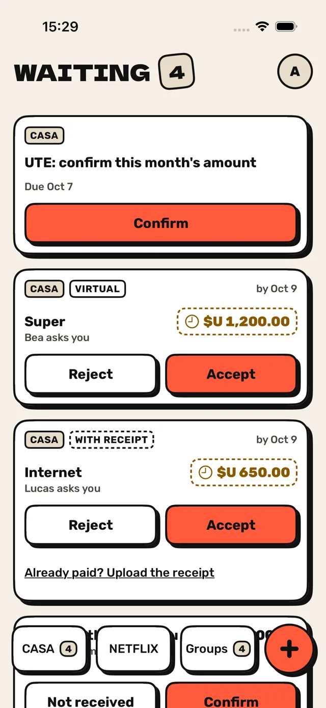 Waiting screen: requests from the Casa group to accept or reject.