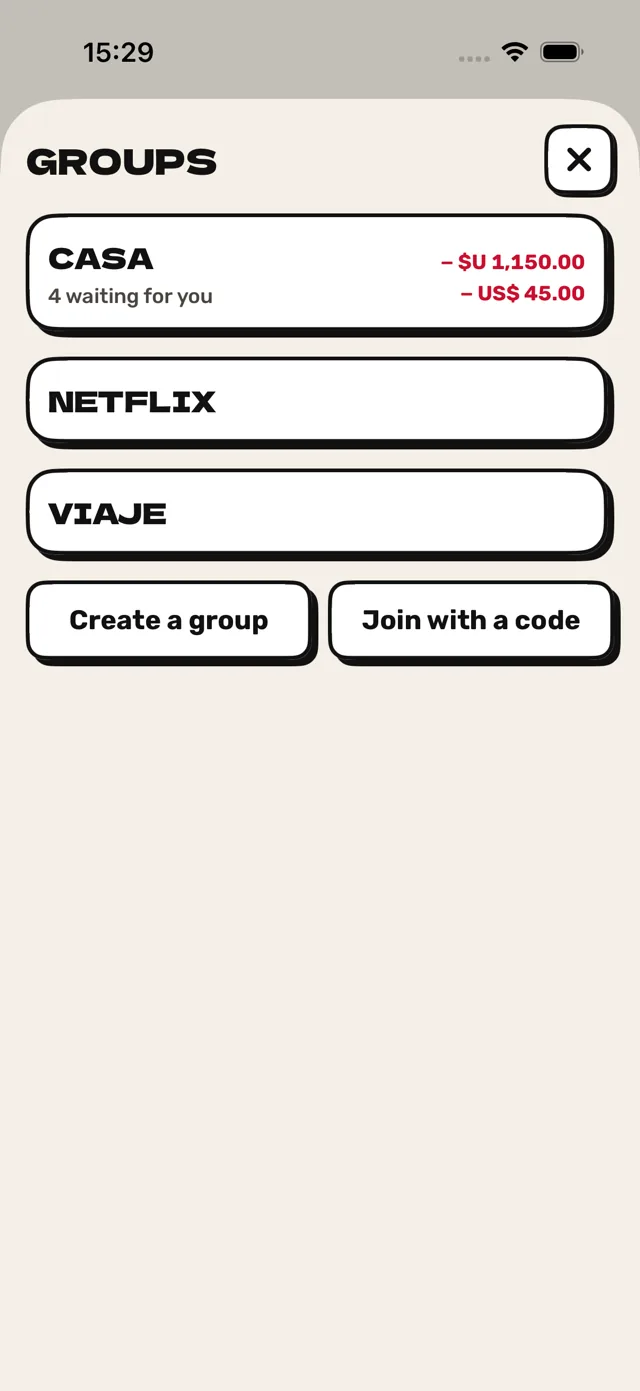 Groups screen, with balances in pesos and in dollars kept apart.